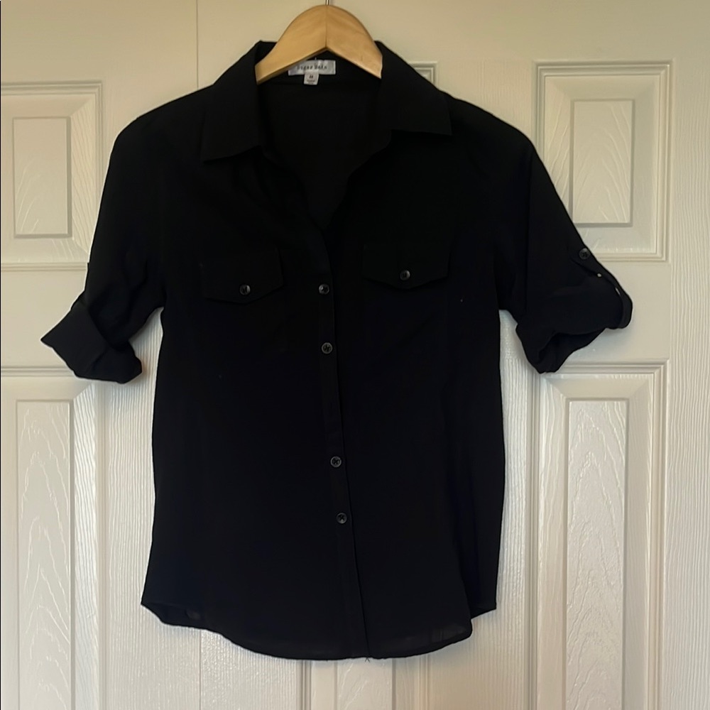 Sugar Rain Black Cuffed Sleeve Button Down Shirt